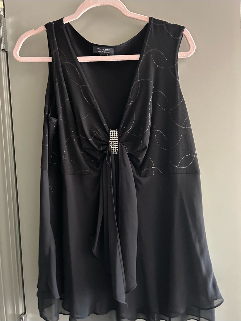 dressbarn Black Sleeveless V-Neck Camisole with Rhinestone Knot